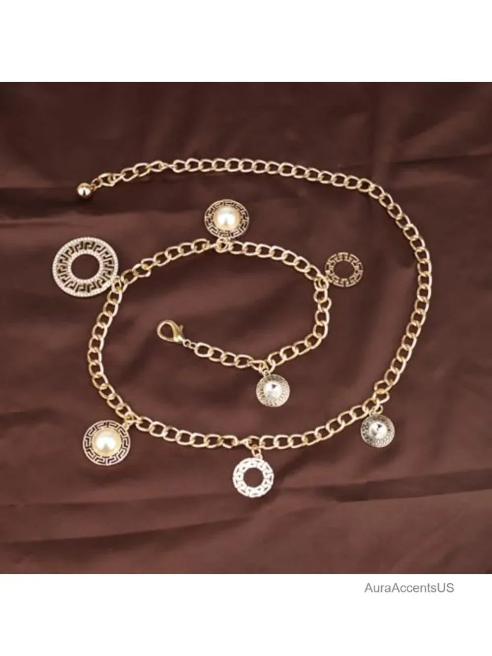 Vintage Gold Waist Chain Belt Greek Key Dangle Pendant Metal Punk Concho